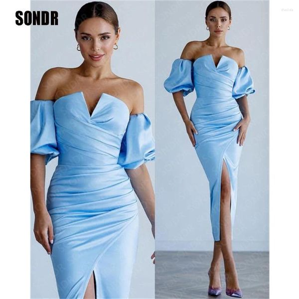 Вечерние платья SONDR Небесно-голубое атласное короткое пляжное платье для выпускного вечера с длинными рукавами Вечерние платья для вечерних мероприятий