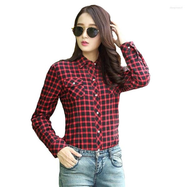 Blusas femininas inverno lã algodão manga longa topo xadrez camisa moda oversize vintage magro topos casuais blusas