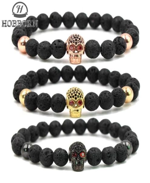 Hobborn Trendy Natural Lava Stone Bracelet Mulheres Homp Hop Gold Rose Gold Silver Color Charm CZ Skull Bracelets Pulsera HOMBRE7085686