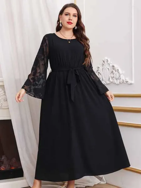 Plus size vestidos de renda retalhos para mulheres preto o pescoço mangas compridas túnica festa clubwear elegante sexy graciosa uma linha vestidos