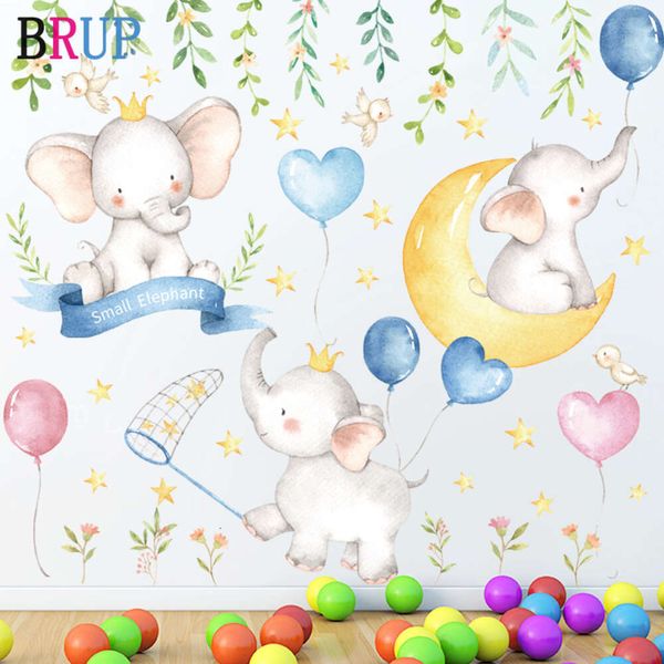 Cartone animato piccoli elefanti Palloncino Luna Adesivi murali Stile pittura per soggiorno Camera dei bambini Adesivo da parete Decorazione da parete per la scuola materna del bambino Regalo