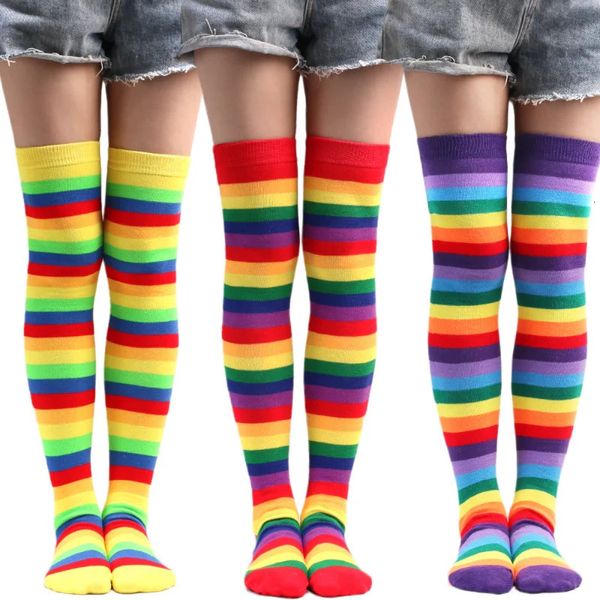 Socken Strumpfwaren Bunte Regenbogenstrümpfe Gestreifte lange Socken Damen Oberschenkelstrümpfe Overkneestrümpfe Damen Kniestrümpfe 231213