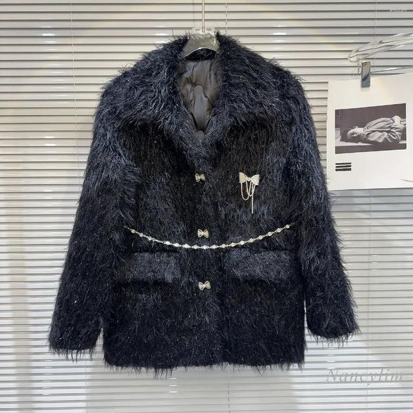 Женское легкое роскошное пальто с мехом, женское пальто 2023, зимнее классическое стильное пальто с бантом на подкладке, имитация плюша, теплая женская цепочка на талию