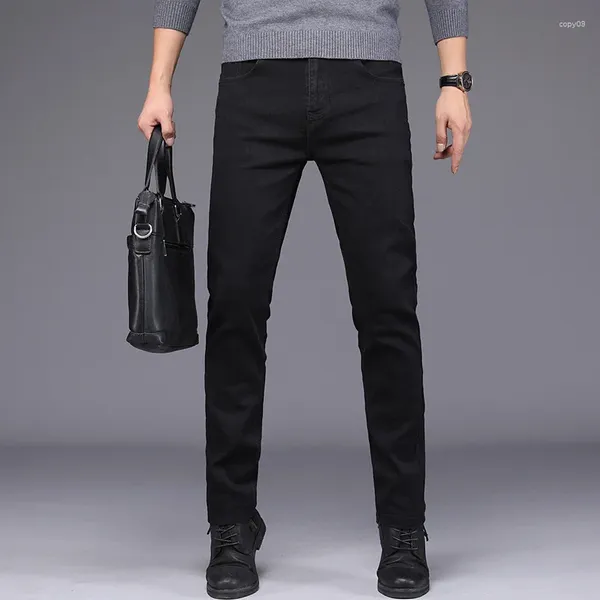Jeans masculinos marca homens cor sólida algodão preto de alta qualidade clássico magro estiramento calças casuais juventude masculino elasticidade calças retas
