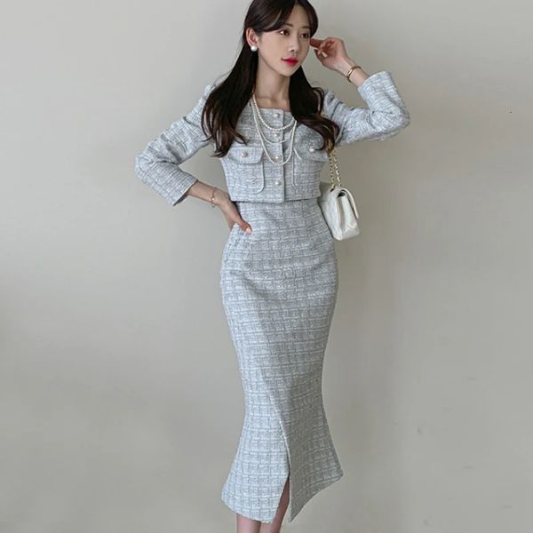 İki parçalı elbise Koreli Sonbahar Kış Kadın 2 adet set tek göğüslü kısa katlar vintage midi kalem etek setleri tüvit basit ekose takım elbise 231212