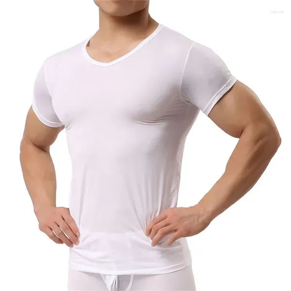 Ternos masculinos b8613 homem camiseta de seda gelo t camisas masculino náilon com decote em v mangas curtas topos ultra-fino legal sleepwear