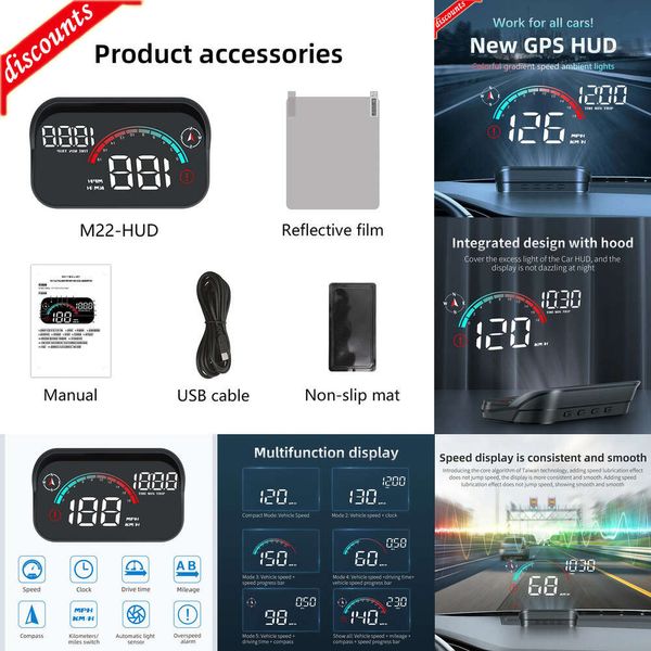 Novo carro bússola m22 carro head up display velocidade rpm mph hud gps velocímetro tela do projetor painel com odômetro alarme de excesso de velocidade para todos os carros