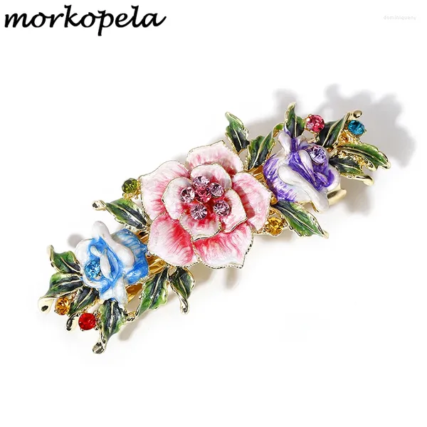 Grampos de cabelo Morkopela Esmalte Flor Clipe Jóias Vintage Rosa Strass Pin Barrettes Mulheres Acessórios de Banquete