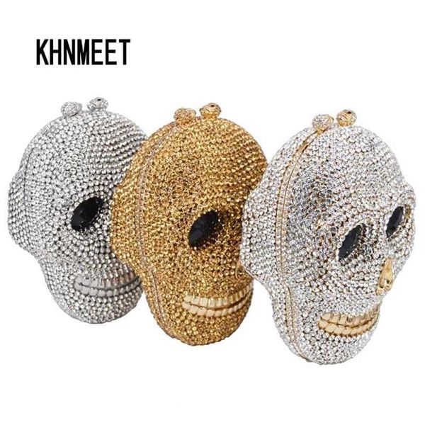 Designer-Clutch mit Totenkopf-Motiv, Damen-Abend-Handtasche, Hochzeitstaschen, Kristallkette, Gold-Silber, Tageskupplungen SC787 211123269r