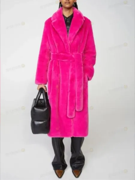 Pelliccia da donna Cappotto invernale caldo in finto cappotto spesso lungo con colletto rovesciato con cintura Casaco Feminino Sash