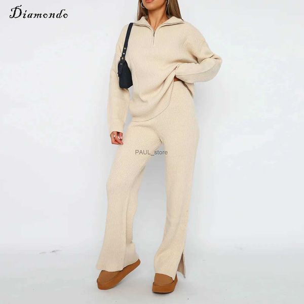 Pantaloni da donna Capris da donna Pantaloni lavorati a maglia a costine Completo da donna Stile casual Cerniera calda Giù Pantaloni larghi Vestibilità ampia Colletto rovesciato Abito quotidiano a vita altaL231211