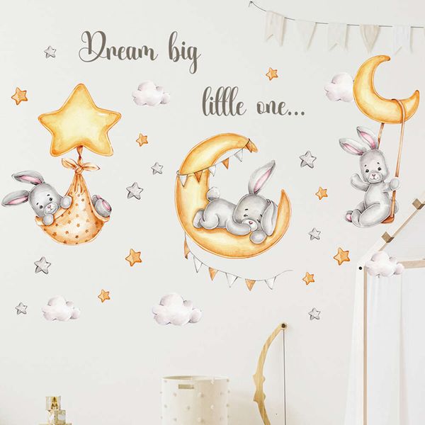 Adesivi murali con stelle di luna dorata e simpatico cartone animato ad acquerello per la camera dei bambini, adesivi murali per la cameretta dei bambini, adesivi decorativi per la casa