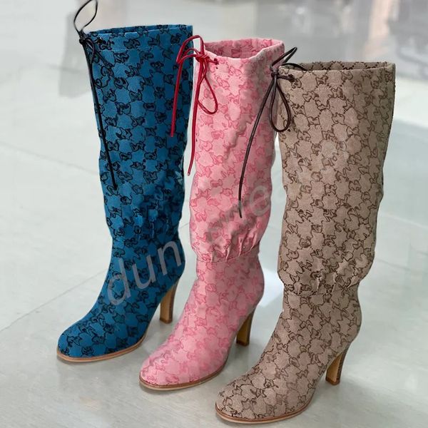 Stivali al ginocchio multicolori originali da donna Stivali ad incastro Tacco alto Scarpe con lacci stampati beige in vera pelle di alta qualità