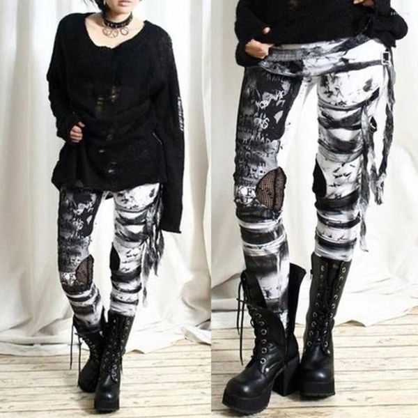Calças femininas leggings gótico falso velho rasgado punk tie-dye estilo 2023 streetwear calças longas pantalones y2k