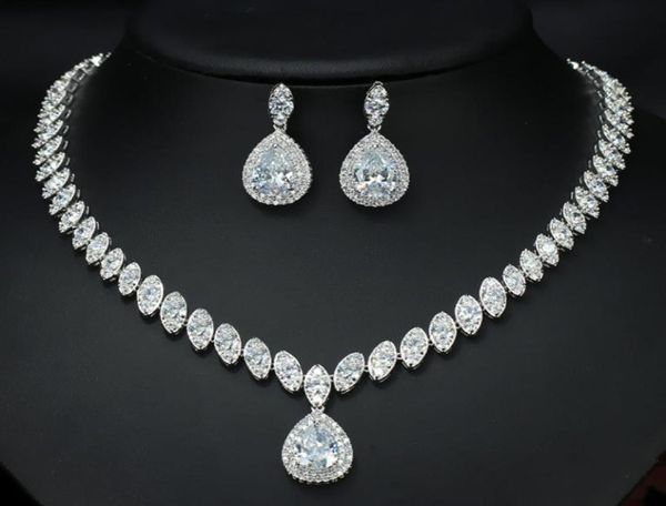 CWWZircons Hochwertige Hochzeits-Halskette und Ohrringe mit kubischem Zirkonia, luxuriöse Kristall-Brautschmuck-Sets für Brautjungfern 1040 Q26051577