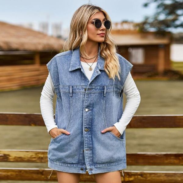 Nova moda denim colete para mulheres sem mangas casual solto longo jeans jaqueta casaco rua hipster roupas femininas S-XL