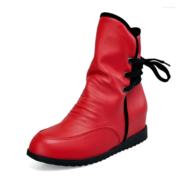 Сапоги YMECHIC, 2023, увеличивающие рост, женская обувь до щиколотки с перекрестной завязкой, желтый, красный, белый, весенне-зимняя женская обувь, короткие, большой размер 43