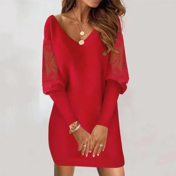 Sıradan Elbiseler 2024 Bahar Patchwork Dantel V Boyun Seksi Mini Elbise Sonbahar Uzun Kollu Kadın Ofis Lady Pullover Gevşek Slim Kırmızı