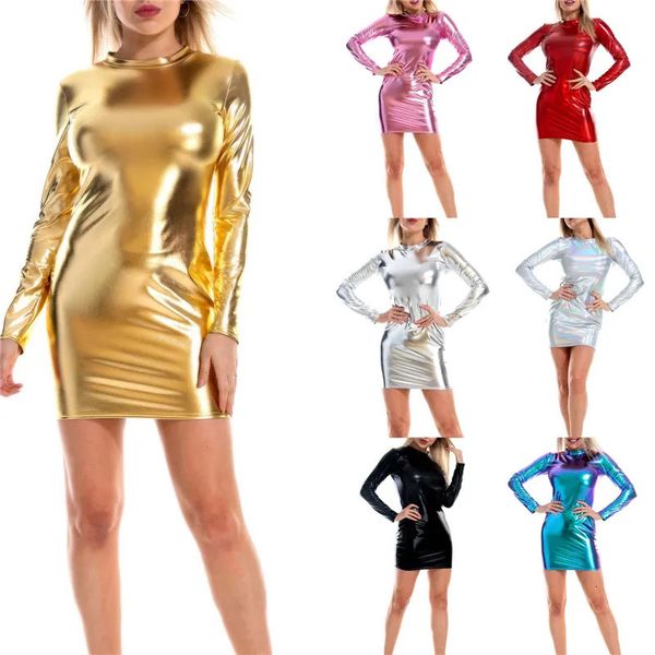 PU-Leder-Body-Minikleid für Damen, glänzendes Metall, langärmelig, Rundhalsausschnitt, Clubkleid, modische Partyweste 231213