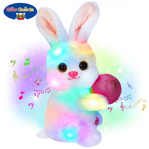 Giocattoli di peluche luminosi Glow Guards Peluche musicale brillante Coniglietto pasquale farcito Cuscino da tiro palla da coccole Coniglietto Oggetti di scena per feste di Pasqua Decorazione per cofano da caccia 231212