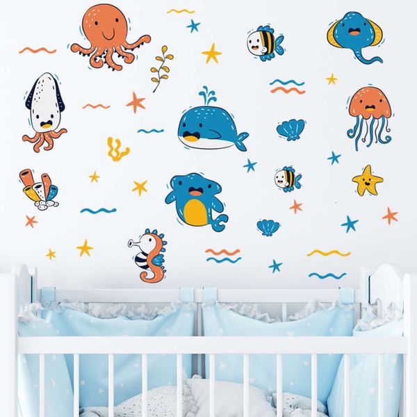 Bonito dos desenhos animados animais subaquáticos criaturas do mundo do mar adesivos de parede para quarto das crianças do berçário do bebê decalques de parede casa adesivo decorativo