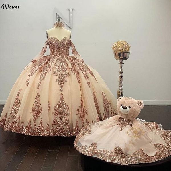 Roségoldenes glitzerndes Quinceanera-Kleid, schlicht, herzförmig, mit langen Ärmeln, Spitze, appliziert, geschwollenes Prinzessinnen-Ballkleid, süßes 16-Kleid, Abschlussball-Festzug-Kleider, Vestidos CL0285