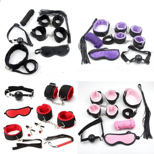 Brinquedos adultos Leopardo 7 Pcs / Set Sexy Lingerie PU Couro BDSM Bondage Set Mão Algemas Footcuff Chicote Corda Venda Brinquedos Eróticos 231214