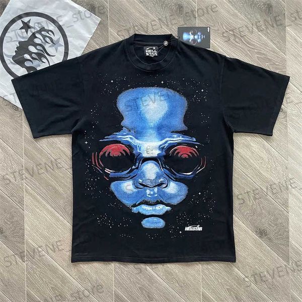 Homens camisetas Hellstar Vintage Wash Preto T-shirt com Retrato Impressão Redondo Pescoço High Street Label 1 1 Sports Top Manga Curta T231214