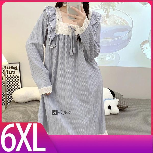 Pijamas femininos plus size manga comprida camisola vestido pijama casa dormir saia médio 5xl 6xl