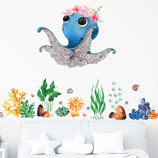 Aquarell-Cartoon-niedlicher Oktopus mit Blumen, Unterwasserlebewesen, Wandaufkleber für Kinderzimmer, Badezimmer, Toilette, Wandaufkleber für Kinder