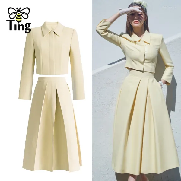 Vestidos de trabalho tingfly designer 90s vintage elegante princesa senhora 2 pçs define festa jantar jaqueta curta midi saias longas roupas ternos