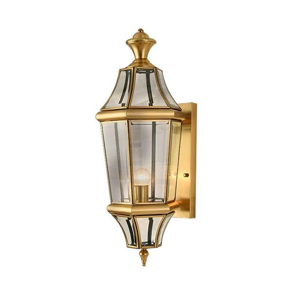 Lampada da parete per esterni europea Impermeabile antiruggine Retro apparecchi di illuminazione in rame Semplice Villa Cortile Balcone Corridoio Vetro E27 Montaggio a parete2098