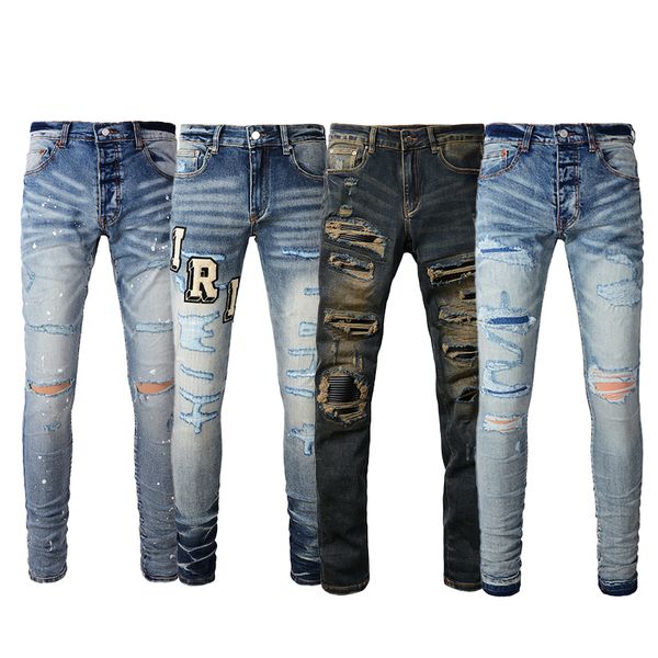 Hip Hop Jeans Rasgados Angustiado Dupla Camada Baggy Calças Jeans Moda Masculina Streetwear Calças De Jeans Roxas Designer Mens Jeans