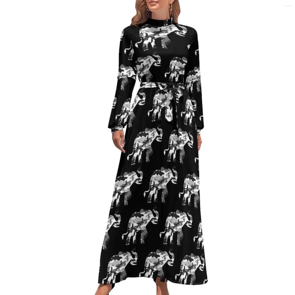 Повседневные платья Симпатичное платье со слоном Серый камуфляж Сексуальный дизайн Макси с высокой талией и длинным рукавом Стильная богема