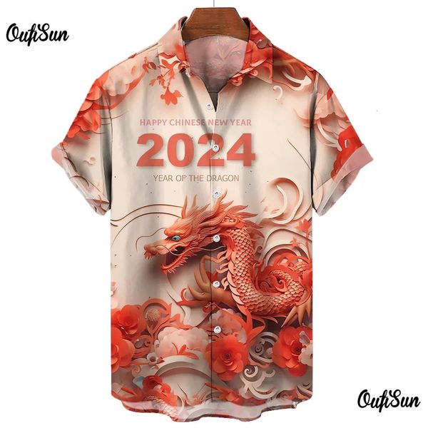 Männer Hemden 2024 Jahr Modische Revers Kurzarm Tops Cool Dragon Print Straße Hip Hop Kleidung 5XL 231213