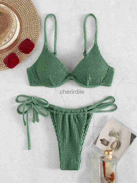 Costumi da bagno da donna con ferretto bikini push up da donna costumi da bagno verde solido 2023 costume da bagno da spiaggia ritagliato a costine cravatta triangolo laterale costume da bagno biquini YQ231218