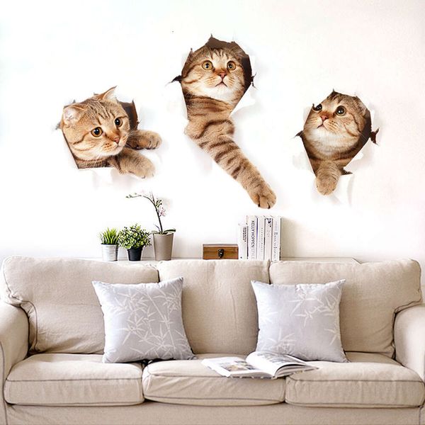 3D Kedi Duvar Çıkartma Deliği Görünümü Canlı oturma odası ev dekor duvar çıkartmaları kedi duvar çıkartması sevimli kedi poster sticker ücretsiz gönderim