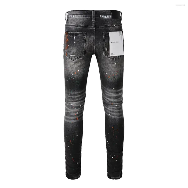 Jeans masculino Brand Purple Man Black High Street Paint Briffiti Padrão danificado Rapped Breousers Skinny calça jeans 437 565