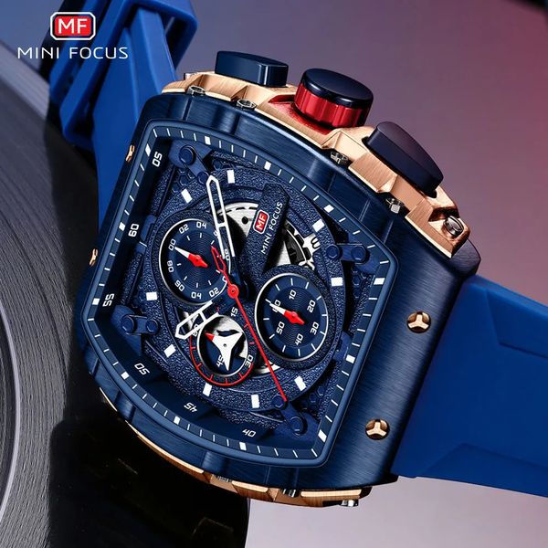 Armbanduhren MINI FOCUS Sport Chronograph Quarzuhr für Herren Mode Blaues Silikonarmband Tonneau-Zifferblatt Armbanduhr mit Datum 3atm Wasserdicht 231214