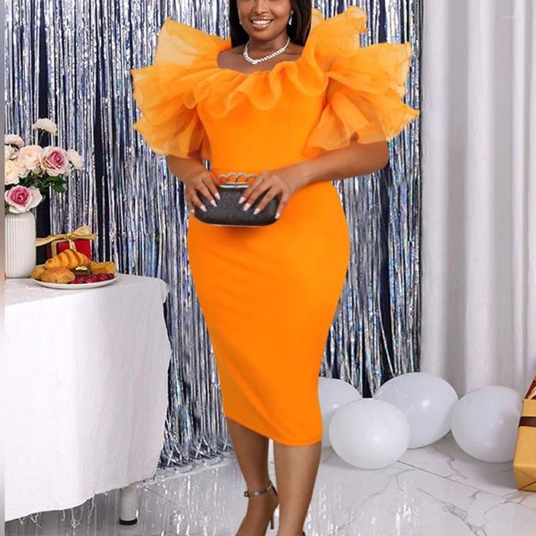 Vestidos de festa elegante aniversário para mulheres laranja babados em torno do pescoço bodycon cintura alta meados de bezerro vestido de jantar de luxo