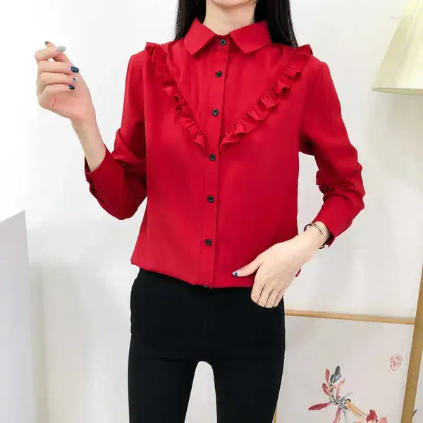 Camicette da donna Camicetta rossa da donna con volant in chiffon Solid Top da donna e camicie casual a maniche lunghe con scollo a V OL Abbigliamento moda coreana