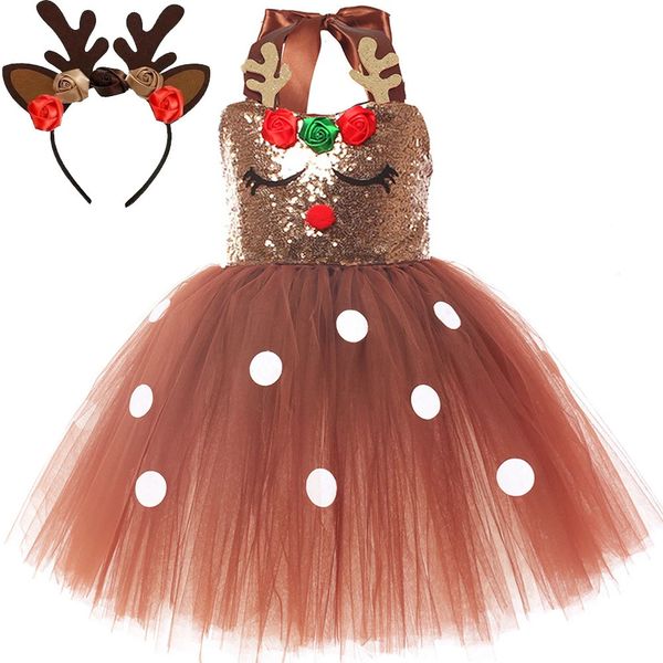 Mädchenkleider Braune Pailletten-Hirschkostüme für Mädchen Weihnachten Prinzessin Kleider Kinder Rentier Cosplay Outfit Kinder Jahreskleidung Weihnachtsgeschenk 231213