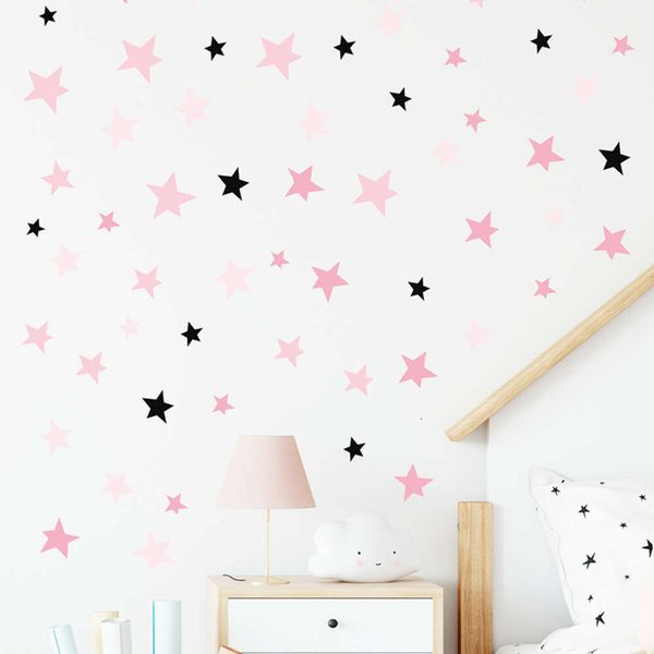 Adesivo de parede com estrelas grandes e pequenas, rosa macio, preto, para quarto de crianças, bebê, menina, berçário, decalques de parede, móveis decorativos para casa