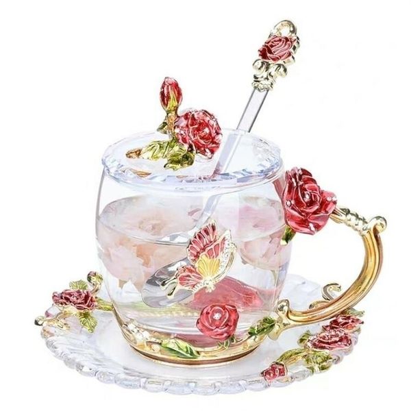 Rote Rose Emaille Kaffeetasse Becher Kristallglas Tassen und Becher hochwertige Teetasse Trinkgeschirr Geschenk Paar für Liebhaber Set Y200104297F