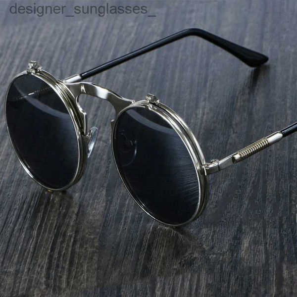 Óculos de sol retro flip redondo óculos de sol homem mulher metal steampunk estilo óculos de sol masculino feminino duplo circular lente clara eyeglassesl231214