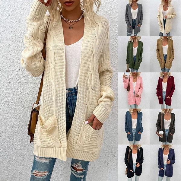 Colegados femininos Autumn e Winter Twist Cardigan Sweater Midn Length de-gola V Long Slave Twisted String