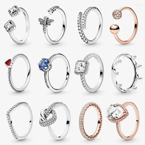 Cluster Ringe 925 Sterling Silber Für Frauen Original Krone Herz Wishbone Verlobung Hochzeit Rose Gold Kristall Ring DIY Schmuck