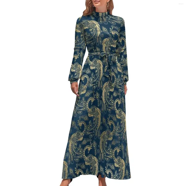 Lässige Kleider Gold Pfau Kleid High Neck Retro Animal Print Design Boho Strand Langarm Streetwear Maxi Kawaii Vestido