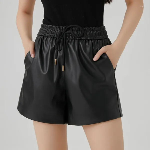 Shorts femininos cintura elástica tira preta de couro pu vintage de perna larga calça curta