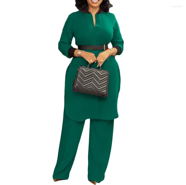 Этническая одежда, африканская одежда, женские летние комплекты из двух предметов с длинным рукавом, красный, синий, зеленый, топ и брючный костюм с поясом